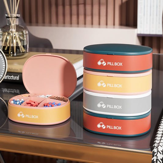Weekly travel pill organizer with six compartments