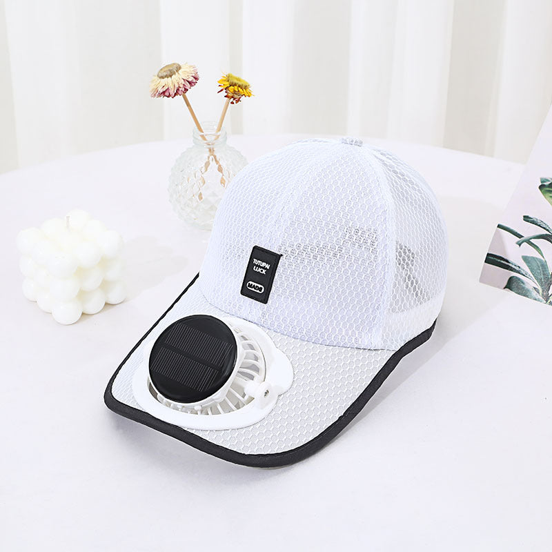 Cooling fan baseball cap, solar panel in brim