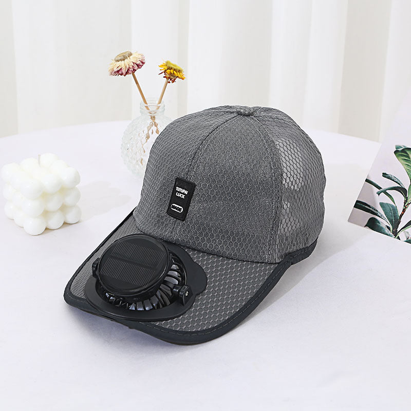 Breathable mesh cap with built-in solar fan