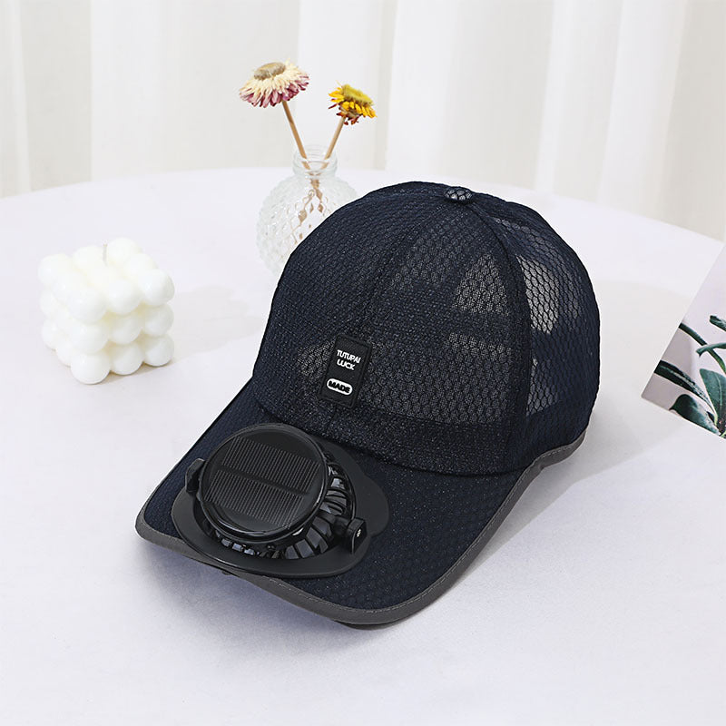 Mesh solar fan cap, battery-free cooling
