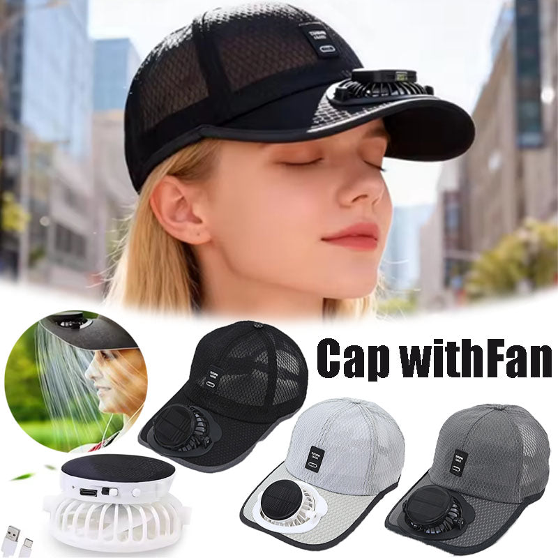 Solar-powered cooling fan cap with mesh panels