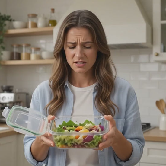 Leak-resistant salad container with dressing cup demonstration