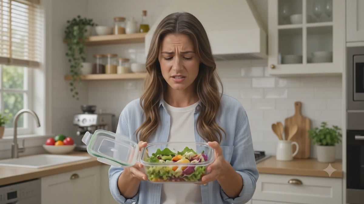 Leak-resistant salad container with dressing cup demonstration